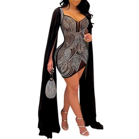 PORRCEY Women's Sexy Hot Drilling Craft Dress Long Sleeve Bodycon Party Club Night Out Dress(5332,Black,M)