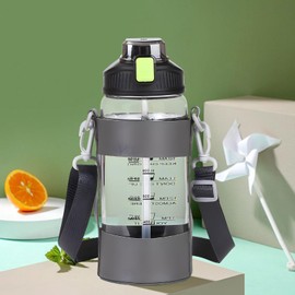 Yenergy 50 oz Glass Water Bottle with Time Markers and Carry Strap – 1.5L Borosilicate Motivational Jug with Straw Lid Sleeve for Gym Yoga Outdoor (Blacj)