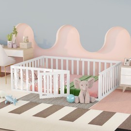 Bellemave Full Size Floor Bed for Kids, Montessori Bed Frame with Fence-Shaped Guardrails and Door, Wooden Floor Full Bed for Kids, Toddler, Boys Girls (White, Full Size)