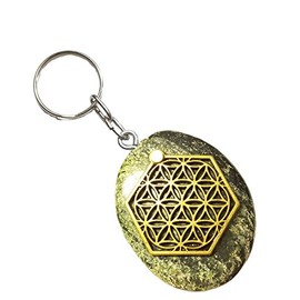 Krio Flat Gemstone Disc Stone as Key Ring I Accessory with Flower of Life Application (Silver Eye 1), Green