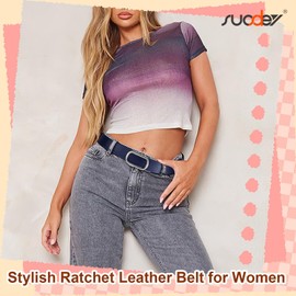 SUOSDEY Women Leather Ratchet Belt for Jeans Dresses Pants Black Brown Womens Belts with Gold Buckle