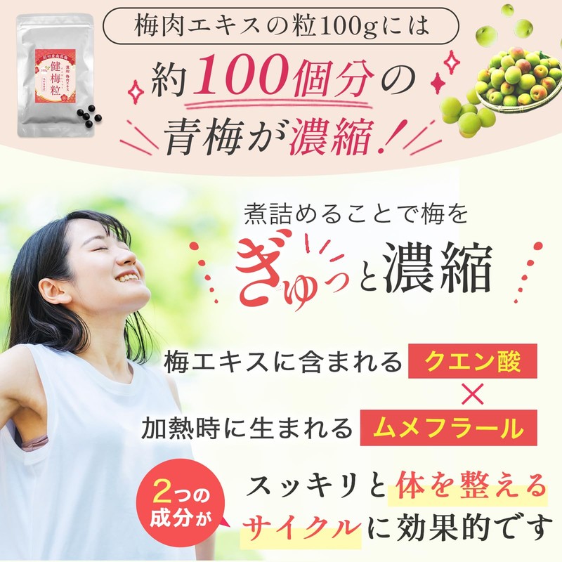 管理栄養士監修 梅肉エキス 梅エキス 粒 健梅粒 塩分不使用 和歌山県産 飲みやすい粒タイプ サプリメント 約400粒