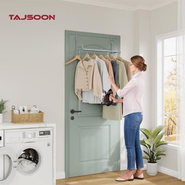 Tajsoon Over The Door Hanger Expandable & Adjustable, Over The Door Hooks for Hanging Towel & Coat, Over The Door Clothes Hanger for Bathroom, Bedroom, Washroom, Fits Doors up to 1¾”, Metal, Silver