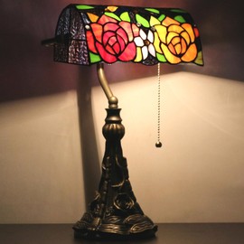 Tiffany Banker Lamp Small Stained Glass Table Lamp Tiffany Style Piano Light Yellow Red Rose Style Desk Lamp Angle Adjustable 10.6X15.7Inch for Home Office Living Room Bedroom
