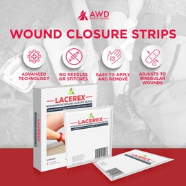 AWD Zip Stitch Surgical Wound Closure Strips - 2 Zipstitch Devices, 2 Sterile Gauzes, 2 Alcohol Wipes - Emergency Laceration Device for Cuts Without Stitches - Steri Strips First Aid & Survival
