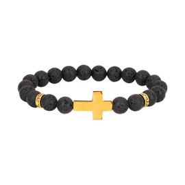 MILAKOO Unisex 8mm Lava Rock Beads Bracelet for Men Gold Stainless Steel Cross Anxiety Wrist Wrap