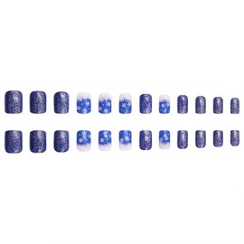 Mkwntg christmas Press on Nails Short Square Fake Nails with Gradient Glitter Design Full Cover Artificial Acrylic Nails Glossy Christmas Blue Snowflake False Nails for Women Girls Xmas Manicure 24Pcs