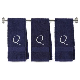 BY LORA Embroidered Terry Cotton Hand Towel for Bathroom and Kitchen - Terry Cotton Hand Towel - 16 x 27 inches - 3-Pack - Navy Color Towel -Light Silver Chancery Style Initial Q