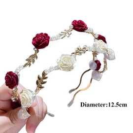 Pearl Rose Flower Headband Vintage Artificial Pearl Hair Hoop Floral Hair Band Headpiece Thin Brim Hair Hoop Hair Accessories for Women Girls(White)