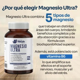 Pack 3 Frascos De Magnesio Ultra Nutrientes Vidalabs México 5 tipos de Magnesio Espectro completo 60 Cápsulas