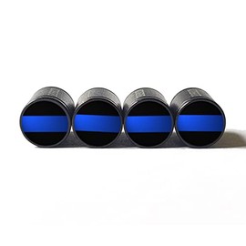 Police Blue Line (Original Flag) Tire Valve Caps - Black Aluminum - Set of Four