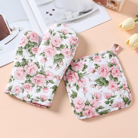 Lashua Oven Mitts and Pot Holders, 4 Pieces Cooking Gloves Cotton, Oven Gloves Non-Slip Protection, Flower, Pink