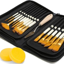 DUGATO 15pc Artist Paint Brush Set with Pop-Up Case, Palette Knife & Sponges - Nylon Hair for Acrylic, Oil, Watercolor, Gouache, Model & Craft Painting