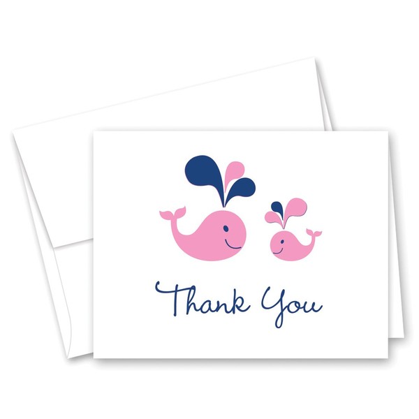 50 Cnt Pink Whale Splash Girl Baby Shower Thank You Cards