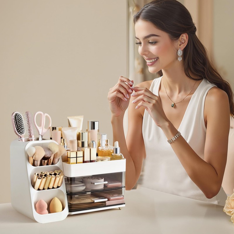HBlife Makeup Organizer with Brush Holder for Vanity, Large Plastic
