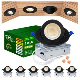 zouzai 3 Inch 5CCT Gimbal Black Led Recessed Lighting with Junction Box, 2700K/3000K/3500K/4000K/5000K, 7W Eqv 80W, 360°+90° Adjustable Led Recessed Lights, 798LM Brightness - ETL (Black, 6 Pack)
