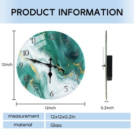 Britimes Round Wall Clock Silent Non-Ticking Battery Operated Glass Decorative Clock 12 Inch, Green White Marble Home Decor for Living Room, Kitchen, Bathroom, Bedroom, and Office