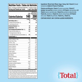 Total Breakfast Cereal, 100% Daily Value of 11 Vitamins and Minerals, Whole Grain Cereal, 16 oz