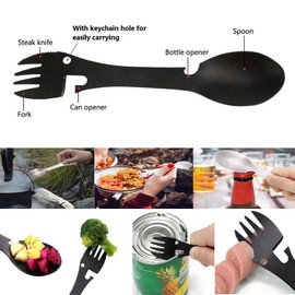 10-In-1 Stainless Steel Portable Camping Spork with Spoon, Fork, Can Opener, Serrated Knife, Wrench, for Outdoor Hiking, Picnic, Backpacking & Travel - Color: Black-2PK