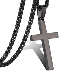 P. BLAKE Small Black Stainless Steel Cross Necklace for Men, Women Boys Cross Pendant with Chain 16 Inches