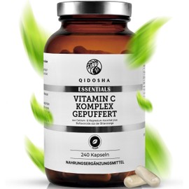 QIDOSHA® Vitamin C Komplex gepuffert plus Bioflavonoide, 240 Kapseln im Apothekerglas, Vitamin C 1000mg, Vitamin C hochdosiert, Vitamin C gepuffert mit Bioflavonoiden aus der Biotterorange, vegan