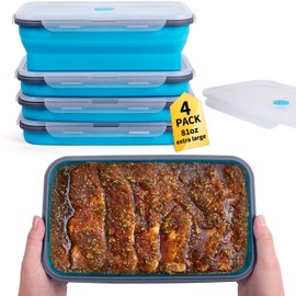 Extra Large Collapsible Food Storage Containers with Lid & Air Vent, 81 oz, 4 Pack, XXL Collapsible Marinade Container BBQ Prep Foldable Silicone Containers, Microwave Freezer Dishwasher Safe, Blue