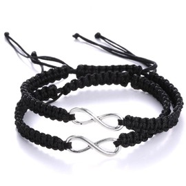 RINHOO 2PC/Set Stainless Steel 8 Infinity Couple Bracelet Braided Leather Rope Bangle Wrist Adjustable Chain Fit 7-9 Inch for Lover Friendship (2PC Black)