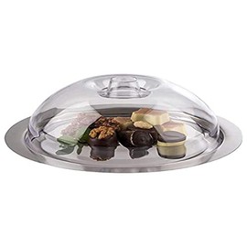 APS Tablett mit Haube „Finesse“, Platte mit Abdeckhaube, Serviertablett, Haube aus Polystyrol, Edelstahlplatte 18/0, 22,5 x 22,5 cm, stapelbar
