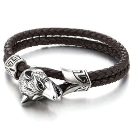 COOLSTEELANDBEYOND Stainless Steel Mens Wolf Head Bracelet with Brown Genuine Braided Leather(CA)