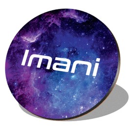 1 x Round Coaster - Name Imani Space Universe Galaxy Stars Letter Lettering Initial Cork Backed MDF Glossy Tea Coffee Accessory #263017