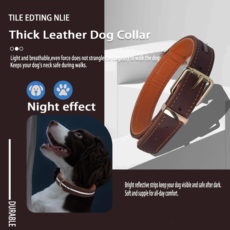 Thick Leather Dog Collar,Heavy Duty Genuine Leather, Reflective and Adjustable,Soft