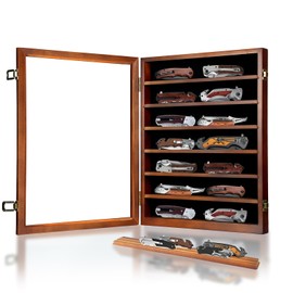 Knife Display Case for Collections, Pocket Knife Display Case with HD Tempered Glass, Lockable Storage Cases with Removable Shelves, Wall-Mounted 7-Layer Wood Cabinet, Walnut