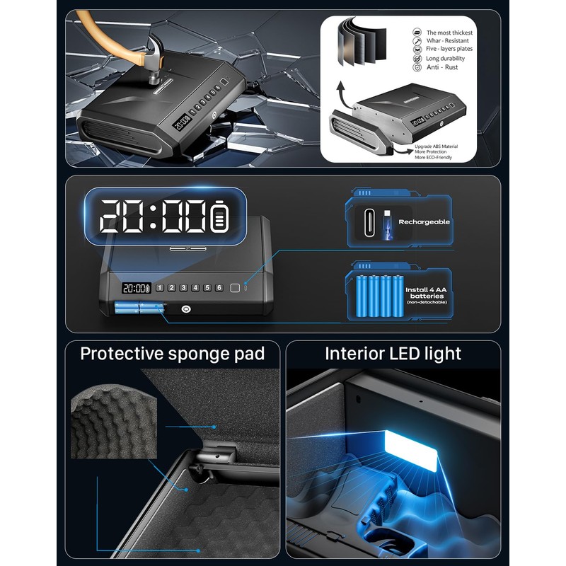 Rechargeable Gun Safe for Pistols 3-Ways unlock Biometric Fingerprint Digital