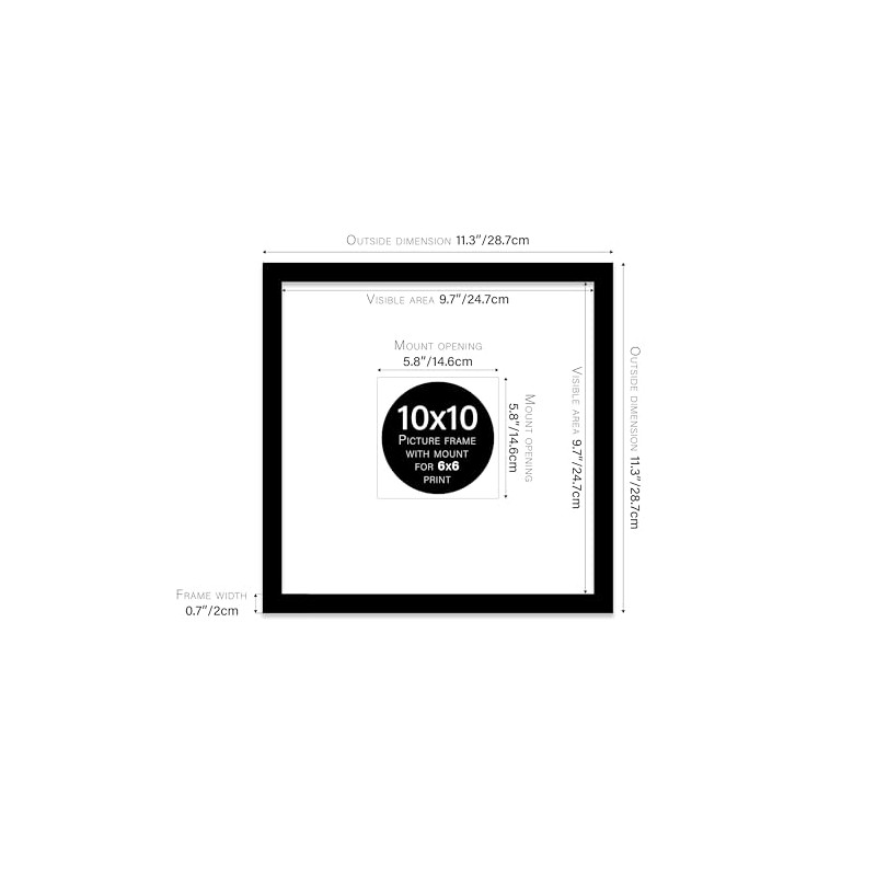 10x10" Square Picture Frame, Display Pictures 6x6" With Mat or