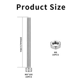 10 Pcs M8 Bolts and Nuts Set, Hex Socket Head Cap Screws Bolts, Allen Socket Head Cap Screws Nuts and Bolts Set, Stainless Steel Machine Screws, Cylindrical Fully Threaded Bolts Screws (M8x100mm)