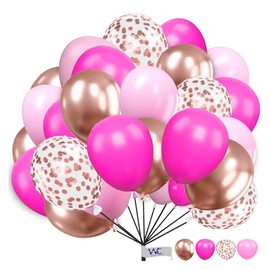 Balloons 25 Pack 10 Inch Balloons Rose-Gold Pink & Hot-Pink with Rose-Gold Confetti Combo Balloons for Birthday Plain Round Balloons for Baby Shower Engagement Wedding.