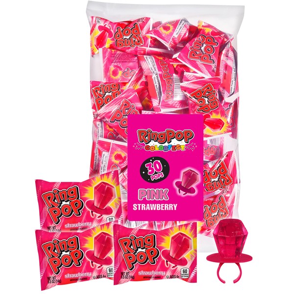 Ring Pop Individually Wrapped Halloween Pink Strawberry Party Pack – 30 Count Strawberry Flavored Pink Candy Lollipop Suckers - Fun Candy For Halloween Candy Bowls, Parties & Trick Or Treating Bags