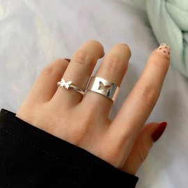 Aukmla Pair of Rings Silver Butterfly Ring Set Friendship Butterfly Couple Ring Set Wedding Adjustable Finger Rings for Men and Women