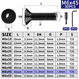 M6 Countersunk Screws Pack of 30 M6 x 45 mm Screws Stainless Steel A2 V2A Hexagon Socket Countersunk Screws DIN 7991/ISO 10642 Flat Head Screws Full Thread Countersunk Screws Black for Furniture
