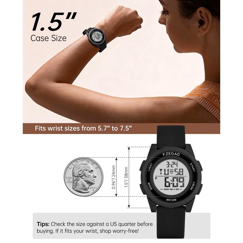 F.ZEGAO Digital Watch Womens with Stopwatch Alarm, 10ATM Waterproof Watches