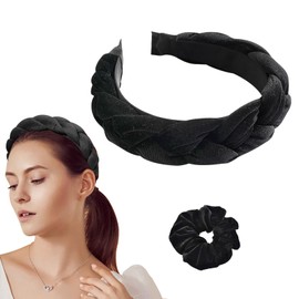 lafo Braided Headbands, Velvet Headband, Vintage Padded Headband, Headband Hair Band, Wide Black Hair Accessories for Women and Girls (Black, Average Size)