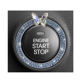 ZNDAW Butterfly Bling Ring Emblem, Crystal Double Rhinestone Engine Start Stop Decoration, Sparkling Push to Start Button Cover Key Ignition & Knob Ring Decal for Women (Light Blue)