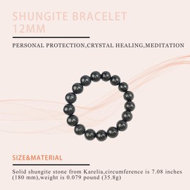 LWQCHW Shungite Bracelet - Natural Black Shungite Stone Beads, Healing Crystal Energy Protection, Handcrafted Jewelry, 12mm 2pc