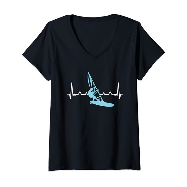 Femme Planche à voile Ekg Pulse Windsurf T-Shirt avec Col en V