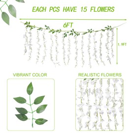 BSMYBO 2pcs Wisteria Hanging Flower Garlands 30 Branches Wisteria Artificial Flowers White Faux Flowers Vine for Wedding Arch Ceremony Bedroom Home Garden New Year Party Wall Decoration