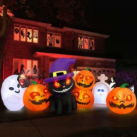 MICOCAH 2.43M inflables Halloween Exterior Gato Calabaza Decoracion | Linternas de Calabaza Tombstone Ghost decoración Exterior, Incorporado Luces LED