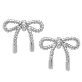 Frigotine Silver Bow Stud Earrings for Woman, Cute Statement Textured Ribbon knot Earing Prom Bridal Wedding Accessories Fashion Preppy Jewelry Gifts