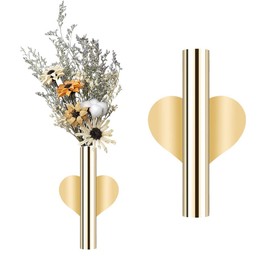 2 pcs Wall Flower Vase Tube Metal Flower Vase, Wall-Mounted Flower Tube for Flower Display,Modern Dried Flower Holder Wall Decoration for Porch Home Office Included Adhesive Material (Gold-Love)