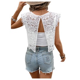 GORGLITTER Women's Floral Lace Sheer Boho Vest Open Back Cap Sleeve Scallop Hem Dressy Blouse Tops White Large
