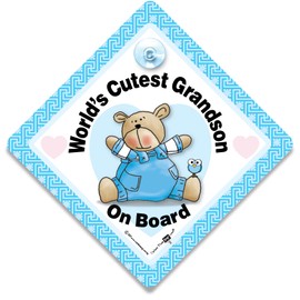 World's Cutest Grandson On Board Car Sign, Baby on Board Sign, Grandchild On Board Car Window Sign Designed to Let Other Road Users Baby is in The Car, 14 cm x 14cm x 2cm